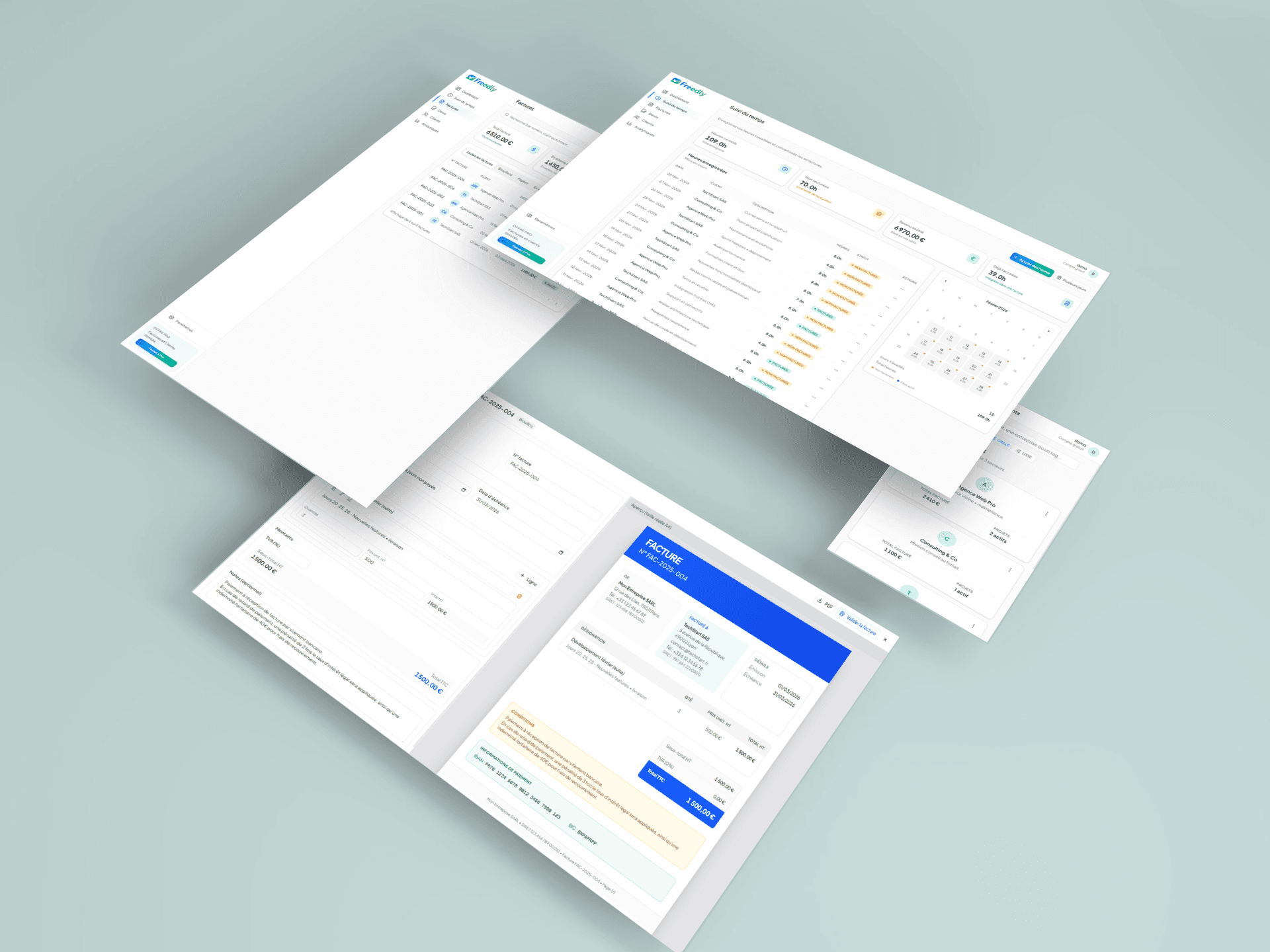 Tableau de bord Freedly : chiffre d’affaires, factures et suivi du temps